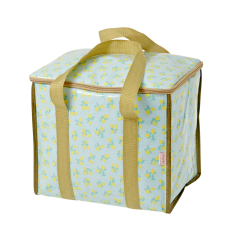 Cooler bag lemon print blue background gold handles Rice DK
